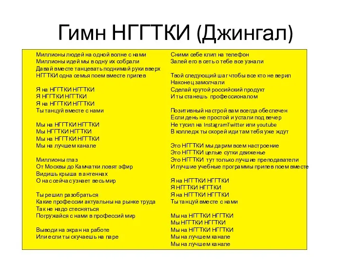 Гимн НГГТКИ (Джингал) Миллионы людей на одной волне с нами