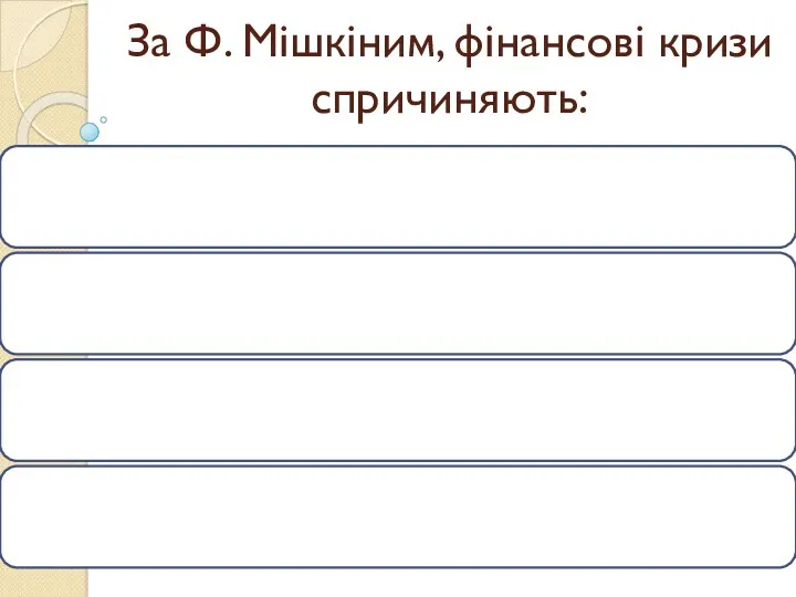 За Ф. Мішкіним, фінансові кризи спричиняють: