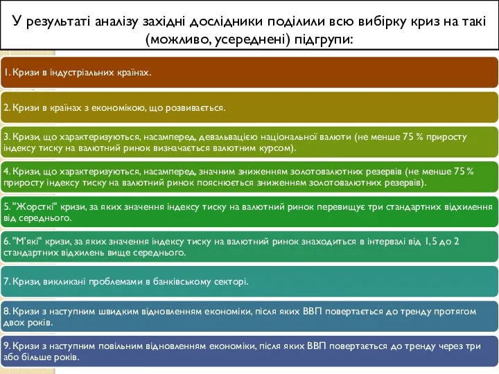 У результаті аналізу західні дослідники поділили всю вибірку криз на такі (можливо, усереднені) підгрупи: