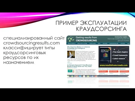 ПРИМЕР ЭКСПЛУАТАЦИИ КРАУДСОРСИНГА специализированный сайт crowdsourcingresults.com классифицирует типы краудсорсинговых ресурсов по их назначением