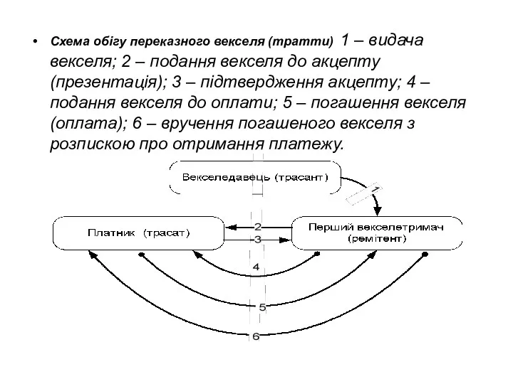 Схема обігу переказного векселя (тратти) 1 – видача векселя; 2 – подання векселя