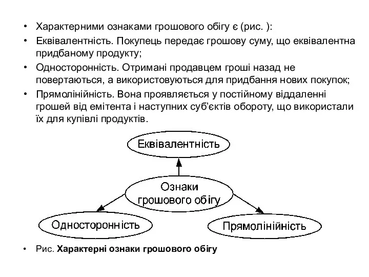 Характерними ознаками грошового обігу є (рис. ): Еквівалентність. Покупець передає грошову суму, що