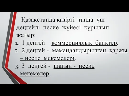 Қазақстанда қазіргі таңда үш деңгейлі несие жүйесі құрылып жатыр: 1