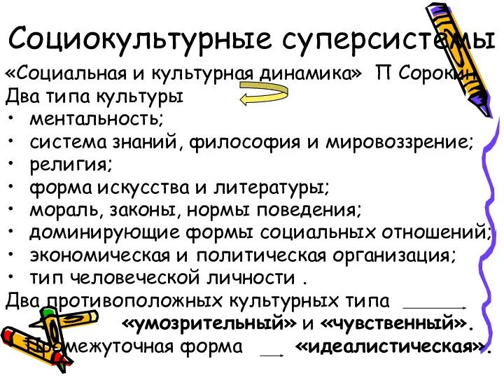 Социокультурные суперсистемы «Социальная и культурная динамика» П Сорокин Два типа