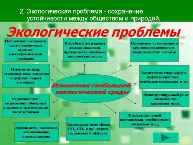 2. Экологическая проблема - сохранение устойчивости между обществом и природой.