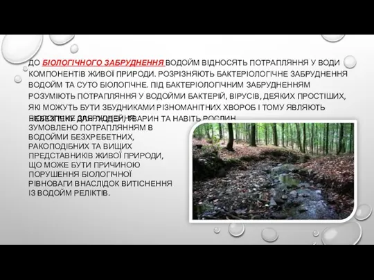 ДО БІОЛОГІЧНОГО ЗАБРУДНЕННЯ ВОДОЙМ ВІДНОСЯТЬ ПОТРАПЛЯННЯ У ВОДИ КОМПОНЕНТІВ ЖИВОЇ