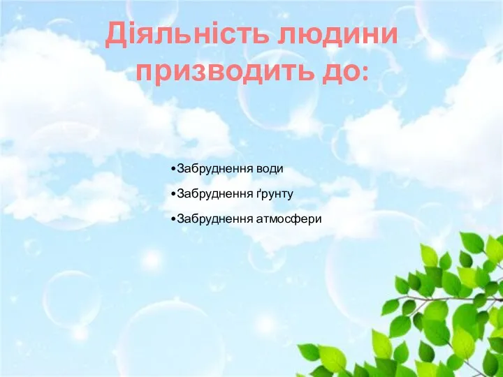 Забруднення води Забруднення ґрунту Забруднення атмосфери Діяльність людини призводить до: