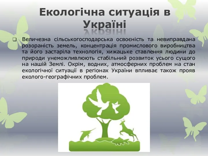 Екологічна ситуація в Україні Величезна сільськогосподарська освоєність та невиправдана розораність земель, концентрація промислового