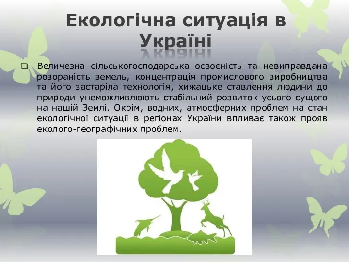 Екологічна ситуація в Україні Величезна сільськогосподарська освоєність та невиправдана розораність