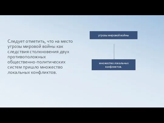 Следует отметить, что на место угрозы мировой войны как следствия столкновения двух противоположных