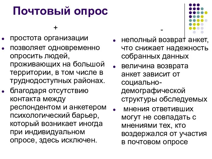 Почтовый опрос + простота организации позволяет одновременно опросить людей, проживающих