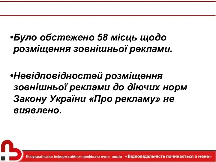 Було обстежено 58 місць щодо розміщення зовнішньої реклами. Невідповідностей розміщення