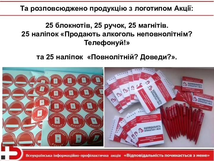 Та розповсюджено продукцію з логотипом Акції: 25 блокнотів, 25 ручок,