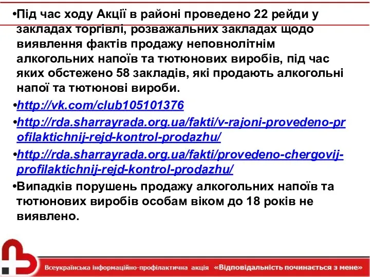 Під час ходу Акції в районі проведено 22 рейди у