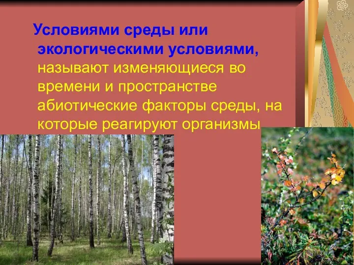 Условиями среды или экологическими условиями, называют изменяющиеся во времени и