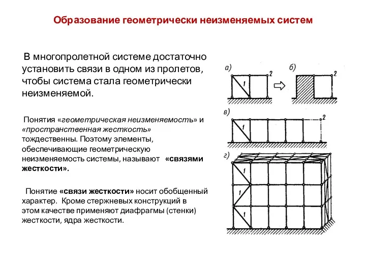 Образование геометрически неизменяемых систем В многопролетной системе достаточно установить связи