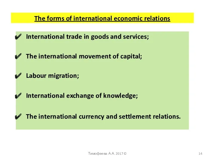 The forms of international economic relations International trade in goods and services; The