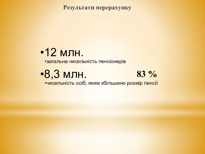 Результати перерахунку 12 млн. загальна чисельність пенсіонерів 8,3 млн. чисельність