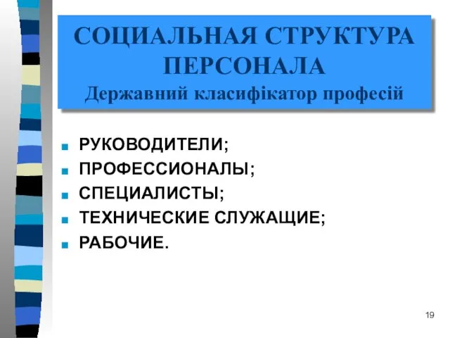 СОЦИАЛЬНАЯ СТРУКТУРА ПЕРСОНАЛА Державний класифікатор професій РУКОВОДИТЕЛИ; ПРОФЕССИОНАЛЫ; СПЕЦИАЛИСТЫ; ТЕХНИЧЕСКИЕ СЛУЖАЩИЕ; РАБОЧИЕ.