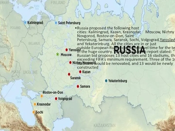 Russia proposed the following host cities: Kaliningrad, Kazan, Krasnodar, Moscow,