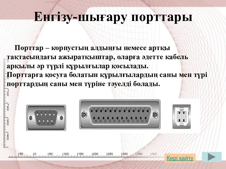 Енгізу-шығару порттары Порттар – корпустың алдыңғы немесе артқы тақтасындағы ажыратқыштар,