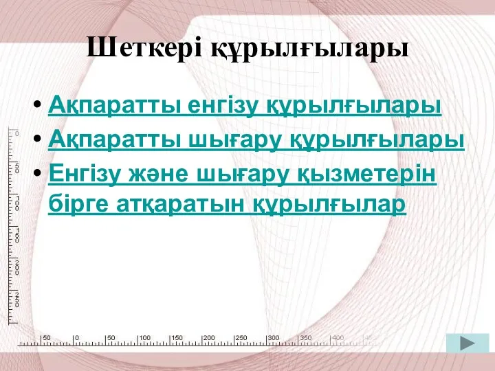 Шеткері құрылғылары Ақпаратты енгізу құрылғылары Ақпаратты шығару құрылғылары Енгізу және шығару қызметерін бірге атқаратын құрылғылар