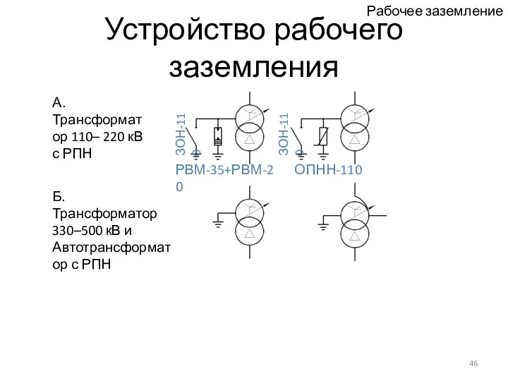 Устройство рабочего заземления А. Трансформатор 110– 220 кВ с РПН