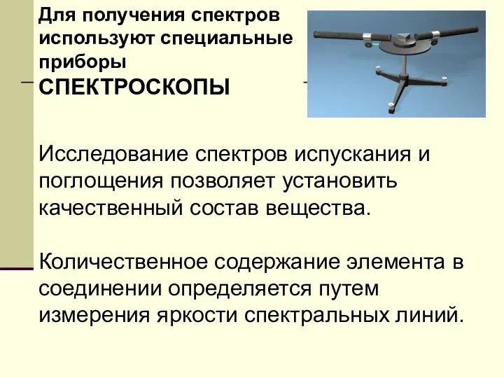 Для получения спектров используют специальные приборы СПЕКТРОСКОПЫ Исследование спектров испускания