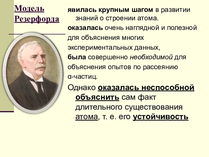 явилась крупным шагом в развитии знаний о строении атома. оказалась