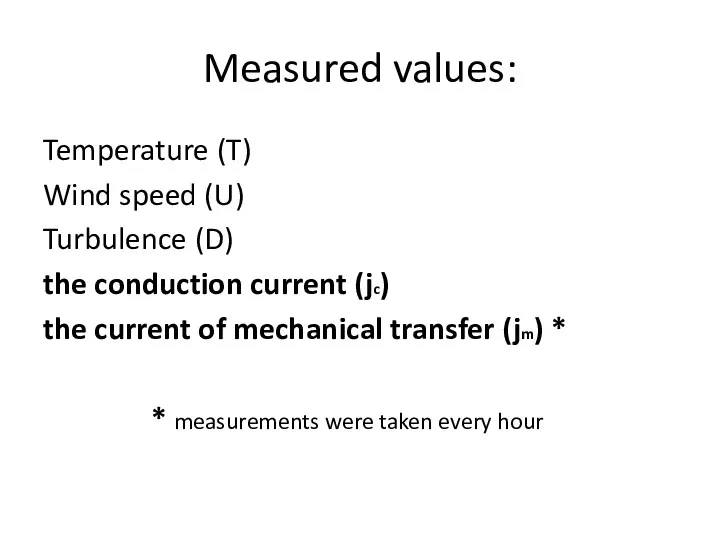 Measured values: Temperature (T) Wind speed (U) Turbulence (D) the