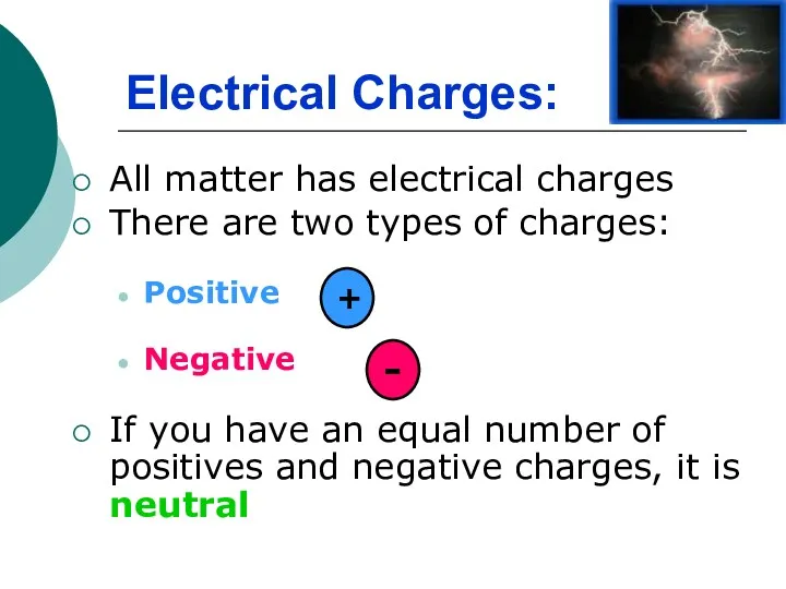 All matter has electrical charges There are two types of