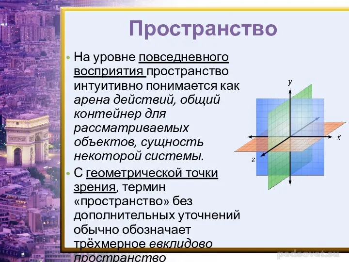 Пространство На уровне повседневного восприятия пространство интуитивно понимается как арена