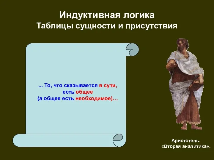 Индуктивная логика Таблицы сущности и присутствия Аристотель. «Вторая аналитика». ...