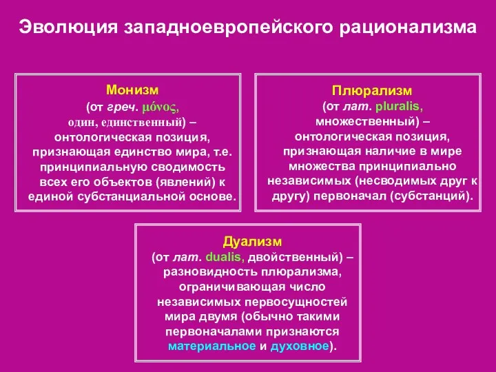 Эволюция западноевропейского рационализма Монизм (от греч. μόνος, один, единственный) –