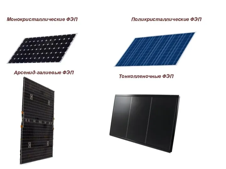 Монокристаллические ФЭП Поликристаллические ФЭП Арсенид-галиевые ФЭП Тонкопленочные ФЭП