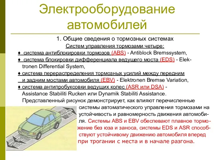 Электрооборудование автомобилей 1. Общие сведения о тормозных системах Систем управления тормозами четыре: ♦