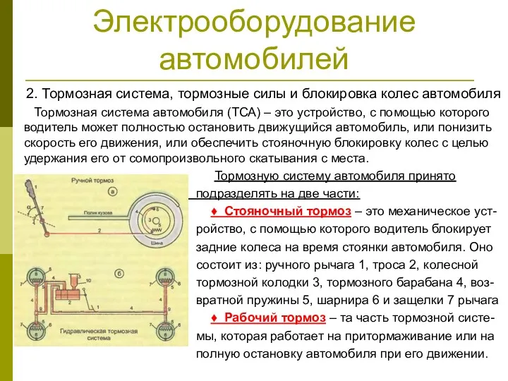 Электрооборудование автомобилей 2. Тормозная система, тормозные силы и блокировка колес автомобиля Тормозная система