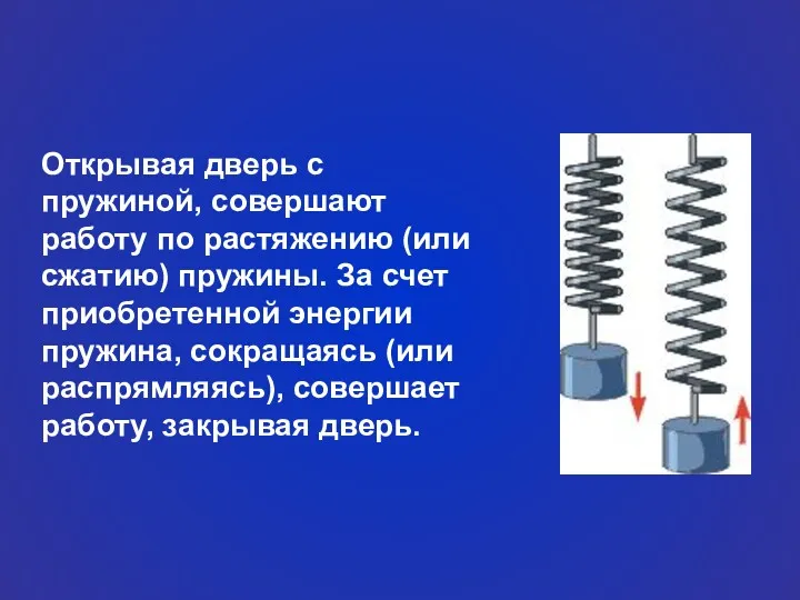 Открывая дверь с пружиной, совершают работу по растяжению (или сжатию)