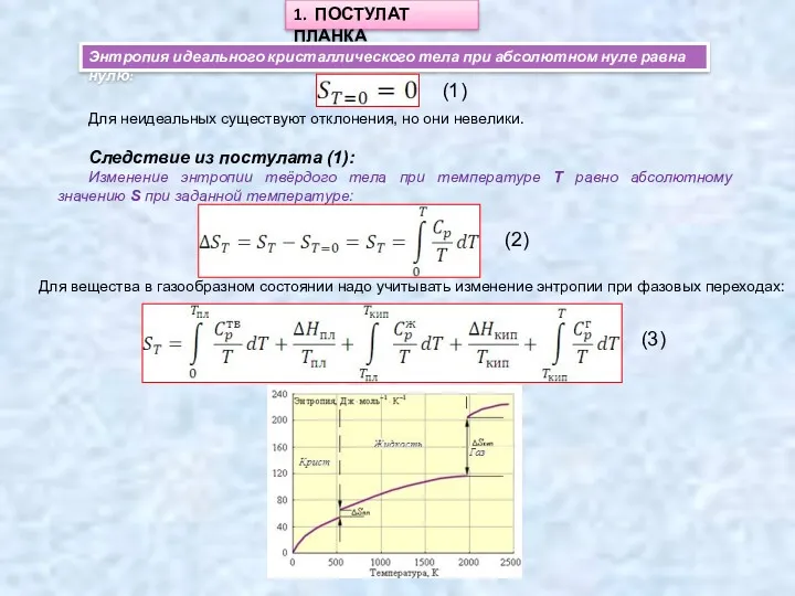 1. ПОСТУЛАТ ПЛАНКА Энтропия идеального кристаллического тела при абсолютном нуле