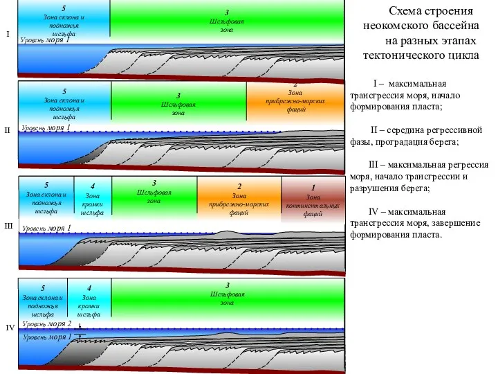 Схема строения неокомского бассейна на разных этапах тектонического цикла I
