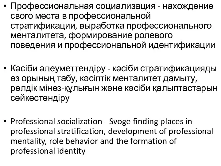 Профессиональная социализация - нахождение свого места в профессиональной стратификации, выработка