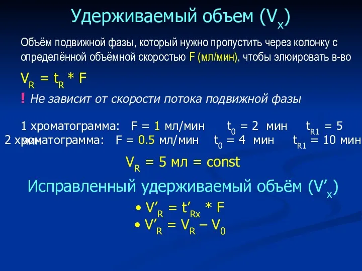 Удерживаемый объем (Vx) Исправленный удерживаемый объём (V’x) V’R = t’Rx