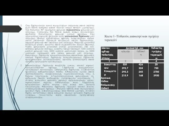 Кесте 1–Тізбектің диаметрі мен түсірілу тереңдігі Оны бұрғыланған қима жыныстарын