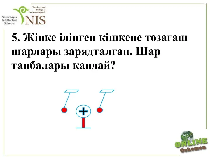 5. Жіпке ілінген кішкене тозағаш шарлары зарядталған. Шар таңбалары қандай?