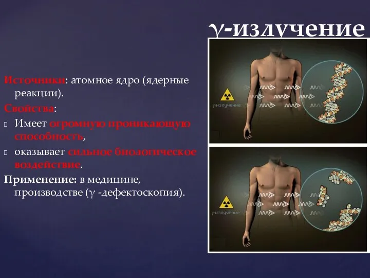 Источники: атомное ядро (ядерные реакции). Свойства: Имеет огромную проникающую способность,