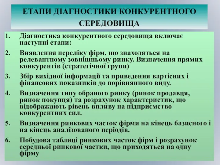 ЕТАПИ ДІАГНОСТИКИ КОНКУРЕНТНОГО СЕРЕДОВИЩА Діагностика конкурентного середовища включає наступні етапи: