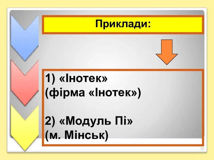 Приклади: 1) «Інотек» (фірма «Інотек») 2) «Модуль Пі» (м. Мінськ)