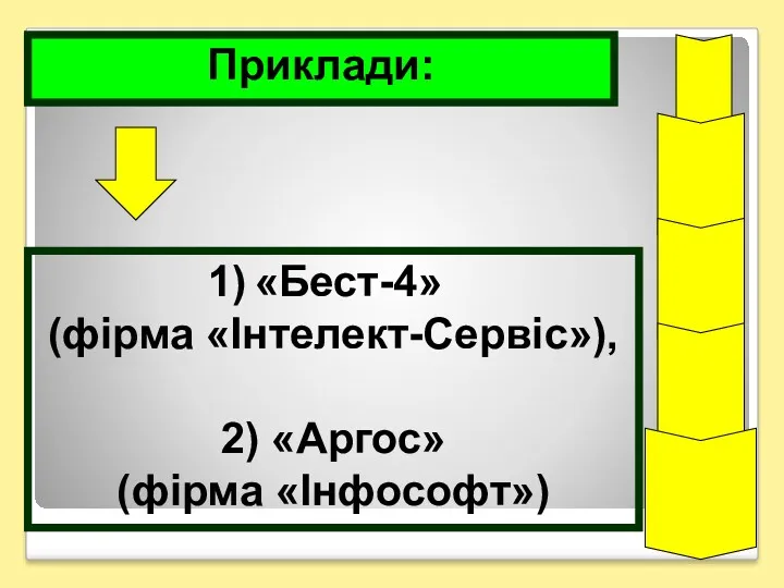 Приклади: «Бест-4» (фірма «Інтелект-Сервіс»), 2) «Аргос» (фірма «Інфософт»)