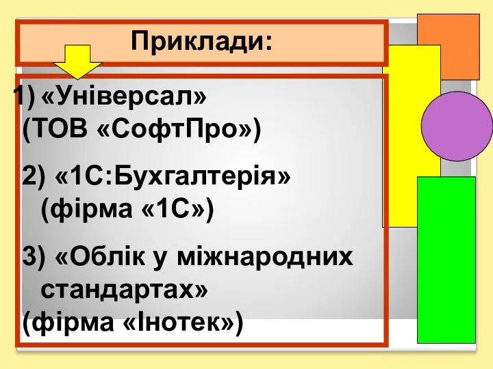 Приклади: «Універсал» (ТОВ «СофтПро») 2) «1С:Бухгалтерія» (фірма «1С») 3) «Облік у міжнародних стандартах» (фірма «Інотек»)