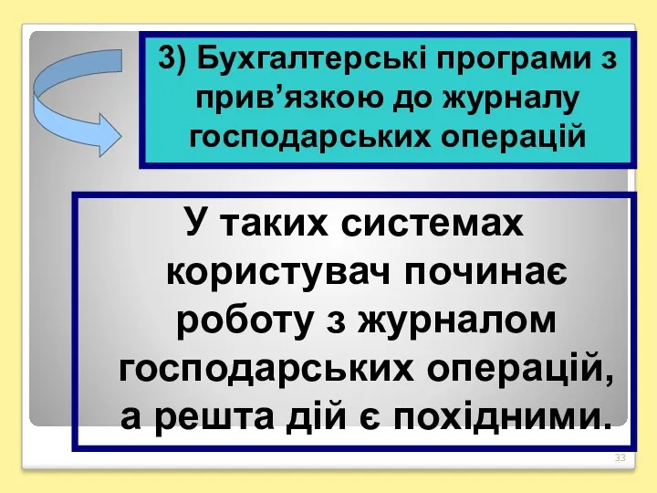 У таких системах користувач починає роботу з журналом господарських операцій,